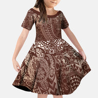 Hawaiian Turtles and Leis Family Matching Short Sleeve Bodycon Dress and Hawaiian Shirt Tribal Kakau Pattern Mocha Mousse Color