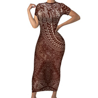 Hawaiian Turtles and Leis Family Matching Short Sleeve Bodycon Dress and Hawaiian Shirt Tribal Kakau Pattern Mocha Mousse Color