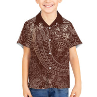 Hawaiian Turtles and Leis Kid Hawaiian Shirt Tribal Kakau Pattern Mocha Mousse Color LT03 Kid Mocha Mousse - Polynesian Pride