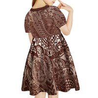 Hawaiian Turtles and Leis Kid Short Sleeve Dress Tribal Kakau Pattern Mocha Mousse Color