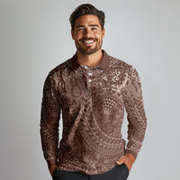Hawaiian Turtles and Leis Long Sleeve Polo Shirt Tribal Kakau Pattern Mocha Mousse Color