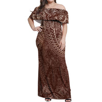 Hawaiian Turtles and Leis Off Shoulder Maxi Dress Tribal Kakau Pattern Mocha Mousse Color LT03 Women Mocha Mousse - Polynesian Pride
