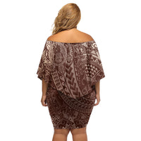 Hawaiian Turtles and Leis Off Shoulder Short Dress Tribal Kakau Pattern Mocha Mousse Color LT03 - Polynesian Pride