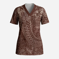 Hawaiian Turtles and Leis Scrub Top Tribal Kakau Pattern Mocha Mousse Color