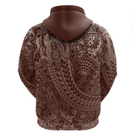 Hawaiian Turtles and Leis Zip Hoodie Tribal Kakau Pattern Mocha Mousse Color