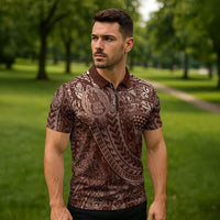 Hawaiian Turtles and Leis Zipper Polo Shirt Tribal Kakau Pattern Mocha Mousse Color