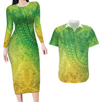 Hawaiian Turtles and Leis Couples Matching Long Sleeve Bodycon Dress and Hawaiian Shirt Tribal Kakau Pattern Fresh Summer Vibe LT03 Green - Polynesian Pride