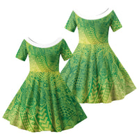 Hawaiian Turtles and Leis Family Matching Puletasi and Hawaiian Shirt Tribal Kakau Pattern Fresh Summer Vibe LT03 Daughter's Dress Green - Polynesian Pride