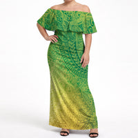 Hawaiian Turtles and Leis Off Shoulder Maxi Dress Tribal Kakau Pattern Fresh Summer Vibe LT03 Women Green - Polynesian Pride