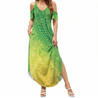 Hawaiian Turtles and Leis Summer Maxi Dress Tribal Kakau Pattern Fresh Summer Vibe LT03 Women Green - Polynesian Pride