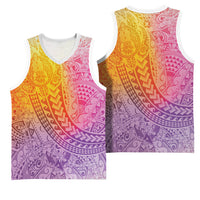 Hawaiian Turtles and Leis Basketball Jersey Tribal Kakau Pattern Magical Rainbow Sky