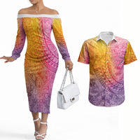 Hawaiian Turtles and Leis Couples Matching Off The Shoulder Long Sleeve Dress and Hawaiian Shirt Tribal Kakau Pattern Magical Rainbow Sky LT03 Multicolor - Polynesian Pride