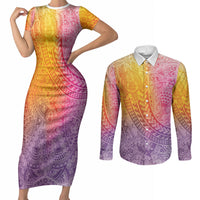 Hawaiian Turtles and Leis Couples Matching Short Sleeve Bodycon Dress and Long Sleeve Button Shirt Tribal Kakau Pattern Magical Rainbow Sky LT03 Multicolor - Polynesian Pride