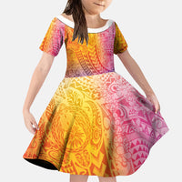 Hawaiian Turtles and Leis Family Matching Long Sleeve Bodycon Dress and Hawaiian Shirt Tribal Kakau Pattern Magical Rainbow Sky