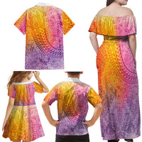 Hawaiian Turtles and Leis Family Matching Off Shoulder Maxi Dress and Hawaiian Shirt Tribal Kakau Pattern Magical Rainbow Sky LT03 Mom's Dress Multicolor - Polynesian Pride