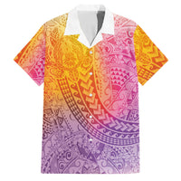 Hawaiian Turtles and Leis Family Matching Off Shoulder Maxi Dress and Hawaiian Shirt Tribal Kakau Pattern Magical Rainbow Sky LT03 Dad's Shirt - Short Sleeve Multicolor - Polynesian Pride