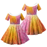 Hawaiian Turtles and Leis Family Matching Off Shoulder Short Dress and Hawaiian Shirt Tribal Kakau Pattern Magical Rainbow Sky LT03 Daughter's Dress Multicolor - Polynesian Pride