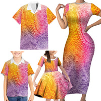 Hawaiian Turtles and Leis Family Matching Short Sleeve Bodycon Dress and Hawaiian Shirt Tribal Kakau Pattern Magical Rainbow Sky