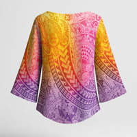 Hawaiian Turtles and Leis Kimono Sleeve Blouse Tribal Kakau Pattern Magical Rainbow Sky