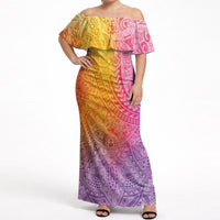 Hawaiian Turtles and Leis Off Shoulder Maxi Dress Tribal Kakau Pattern Magical Rainbow Sky LT03 Women Multicolor - Polynesian Pride