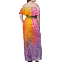 Hawaiian Turtles and Leis Off Shoulder Maxi Dress Tribal Kakau Pattern Magical Rainbow Sky LT03 - Polynesian Pride