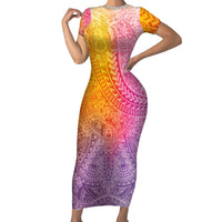 Hawaiian Turtles and Leis Short Sleeve Bodycon Dress Tribal Kakau Pattern Magical Rainbow Sky LT03 Long Dress Multicolor - Polynesian Pride