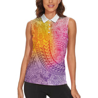 Hawaiian Turtles and Leis Women Sleeveless Polo Shirt Tribal Kakau Pattern Magical Rainbow Sky