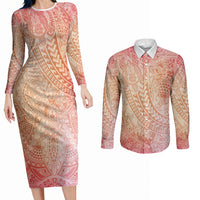 Hawaiian Turtles and Leis Couples Matching Long Sleeve Bodycon Dress and Long Sleeve Button Shirt Tribal Kakau Pattern Peach Fuzz Color LT03 Peach Fuzz - Polynesian Pride