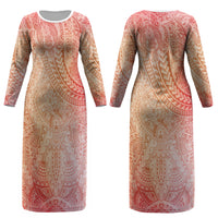 Hawaiian Turtles and Leis Couples Matching Long Sleeve Bodycon Dress and Long Sleeve Button Shirt Tribal Kakau Pattern Peach Fuzz Color LT03 - Polynesian Pride