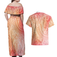 Hawaiian Turtles and Leis Couples Matching Off Shoulder Maxi Dress and Hawaiian Shirt Tribal Kakau Pattern Peach Fuzz Color LT03 - Polynesian Pride