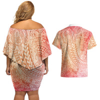 Hawaiian Turtles and Leis Couples Matching Off Shoulder Short Dress and Hawaiian Shirt Tribal Kakau Pattern Peach Fuzz Color LT03 - Polynesian Pride