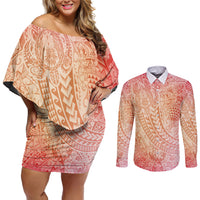 Hawaiian Turtles and Leis Couples Matching Off Shoulder Short Dress and Long Sleeve Button Shirt Tribal Kakau Pattern Peach Fuzz Color LT03 Peach Fuzz - Polynesian Pride