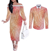 Hawaiian Turtles and Leis Couples Matching Off The Shoulder Long Sleeve Dress and Long Sleeve Button Shirt Tribal Kakau Pattern Peach Fuzz Color