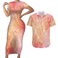 Hawaiian Turtles and Leis Couples Matching Short Sleeve Bodycon Dress and Hawaiian Shirt Tribal Kakau Pattern Peach Fuzz Color