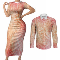Hawaiian Turtles and Leis Couples Matching Short Sleeve Bodycon Dress and Long Sleeve Button Shirt Tribal Kakau Pattern Peach Fuzz Color LT03 Peach Fuzz - Polynesian Pride