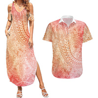Hawaiian Turtles and Leis Couples Matching Summer Maxi Dress and Hawaiian Shirt Tribal Kakau Pattern Peach Fuzz Color LT03 Peach Fuzz - Polynesian Pride