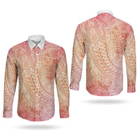 Hawaiian Turtles and Leis Couples Matching Tank Maxi Dress and Long Sleeve Button Shirt Tribal Kakau Pattern Peach Fuzz Color LT03 - Polynesian Pride