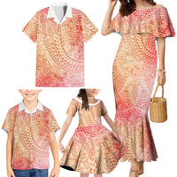 Hawaiian Turtles and Leis Family Matching Mermaid Dress and Hawaiian Shirt Tribal Kakau Pattern Peach Fuzz Color