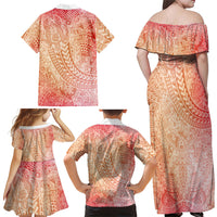 Hawaiian Turtles and Leis Family Matching Off Shoulder Maxi Dress and Hawaiian Shirt Tribal Kakau Pattern Peach Fuzz Color