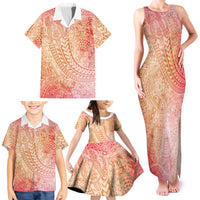 Hawaiian Turtles and Leis Family Matching Tank Maxi Dress and Hawaiian Shirt Tribal Kakau Pattern Peach Fuzz Color