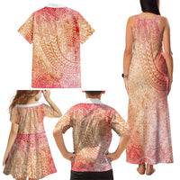 Hawaiian Turtles and Leis Family Matching Tank Maxi Dress and Hawaiian Shirt Tribal Kakau Pattern Peach Fuzz Color