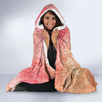 Hawaiian Turtles and Leis Hooded Blanket Tribal Kakau Pattern Peach Fuzz Color