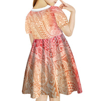 Hawaiian Turtles and Leis Kid Short Sleeve Dress Tribal Kakau Pattern Peach Fuzz Color