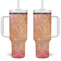 Hawaiian Turtles and Leis Tumbler With Handle Tribal Kakau Pattern Peach Fuzz Color