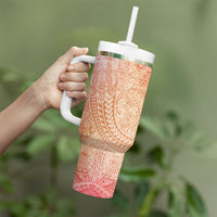 Hawaiian Turtles and Leis Tumbler With Handle Tribal Kakau Pattern Peach Fuzz Color
