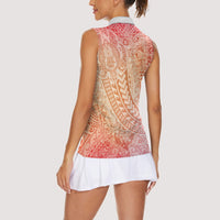 Hawaiian Turtles and Leis Women Sleeveless Polo Shirt Tribal Kakau Pattern Peach Fuzz Color