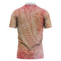 Hawaiian Turtles and Leis Zipper Polo Shirt Tribal Kakau Pattern Peach Fuzz Color
