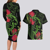 New Zealand Chameleon and Gecko Couples Matching Long Sleeve Bodycon Dress and Hawaiian Shirt Maori Silver Fern and Pohutukawa Decoration LT03 - Polynesian Pride