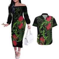 New Zealand Chameleon and Gecko Couples Matching Off The Shoulder Long Sleeve Dress and Hawaiian Shirt Maori Silver Fern and Pohutukawa Decoration LT03 Green - Polynesian Pride