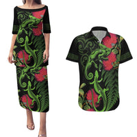 New Zealand Chameleon and Gecko Couples Matching Puletasi and Hawaiian Shirt Maori Silver Fern and Pohutukawa Decoration LT03 Green - Polynesian Pride